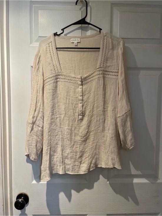 Wonderly Tops - Wonderly Cream Gauze Boho Cottage Button-Front Peasant Top 1x
